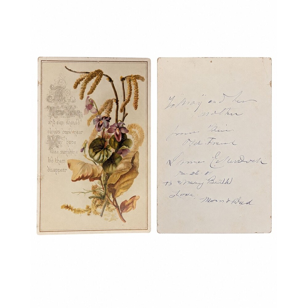 Antique 1881 Victorian New Year Greeting Card Floral Violets Ephemera